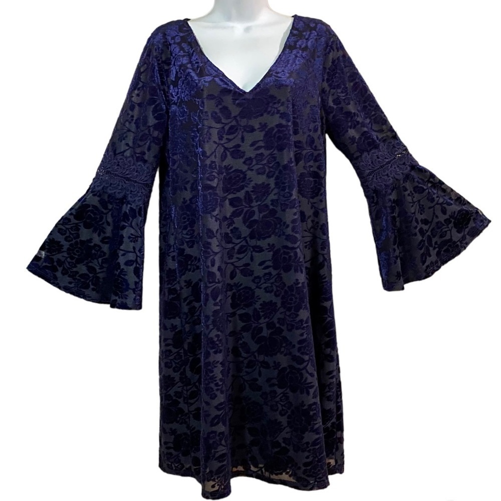 Navy Blue Burnout Crushed Velvet Dress Sz 10 Floral Goth Hippie Stretch Y2K